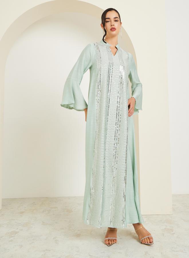 Amirah Women Green Sequin Embellishment Jalabiya - Image 2